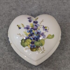 Rochard Limoges France Heart Shaped Lidded Trinket Dish Porcelain Floral Violets